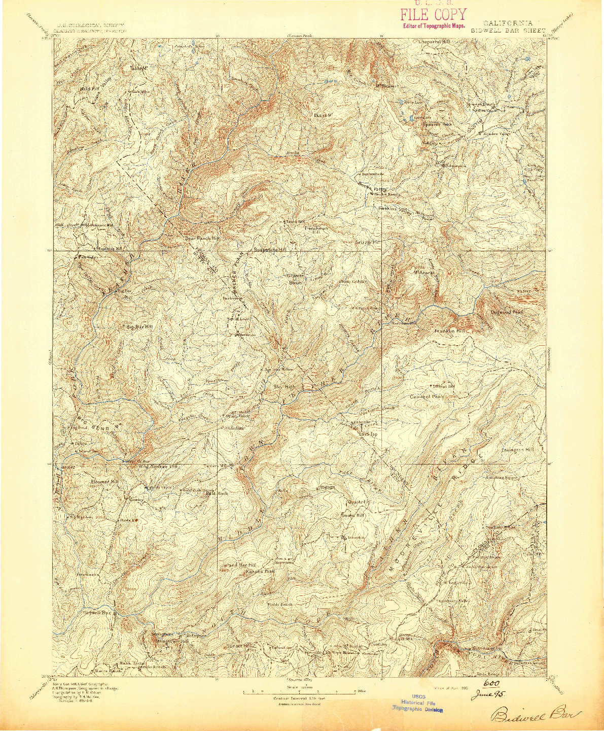USGS 1:125000-SCALE QUADRANGLE FOR BIDWELL BAR, CA 1895