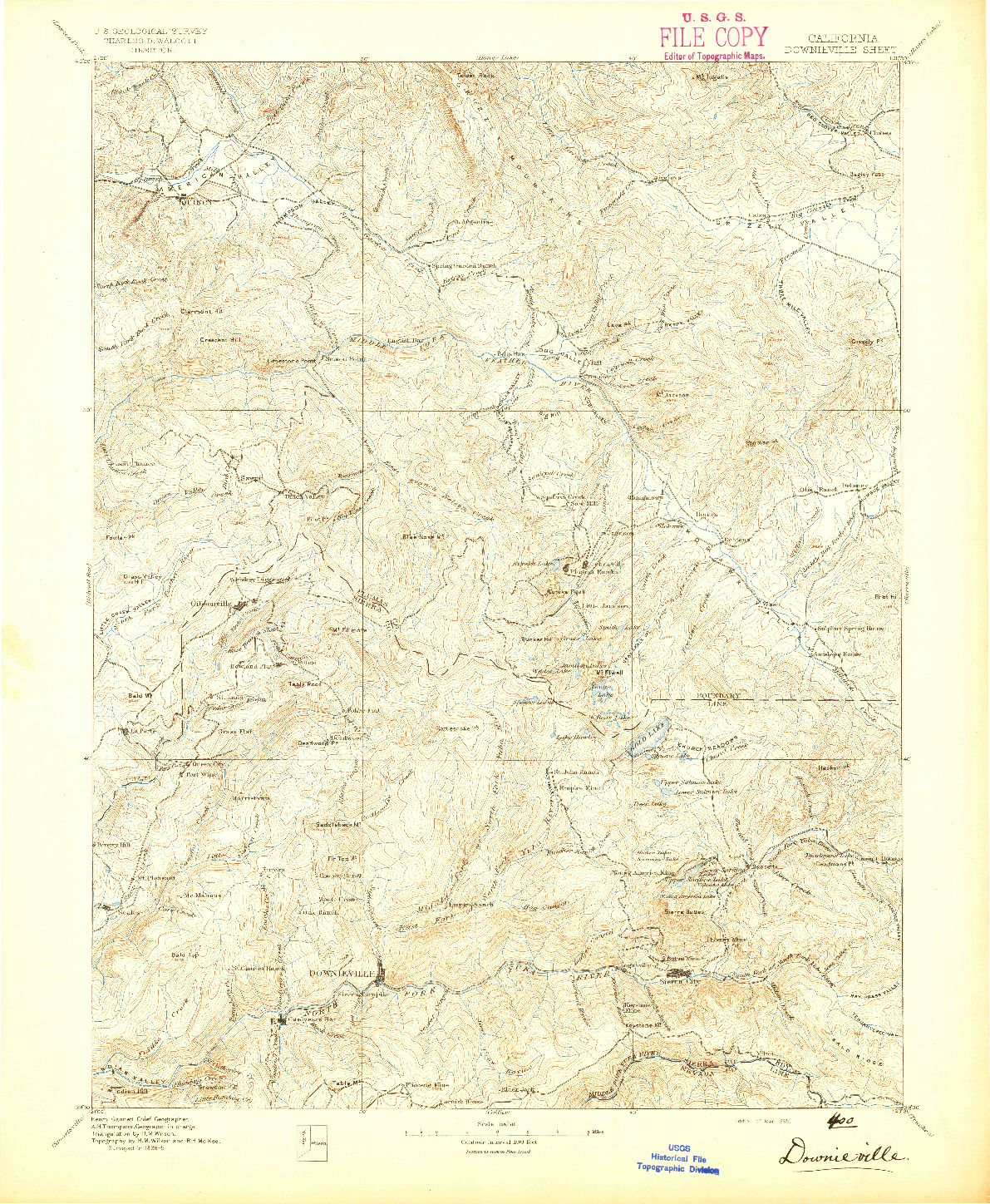 USGS 1:125000-SCALE QUADRANGLE FOR DOWNIEVILLE, CA 1895