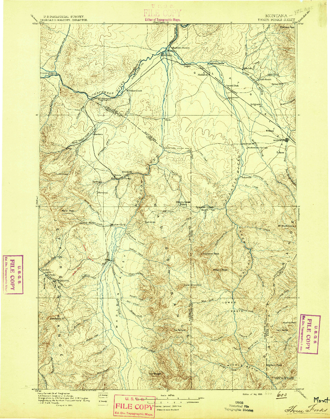 USGS 1:250000-SCALE QUADRANGLE FOR THREE FORKS, MT 1895