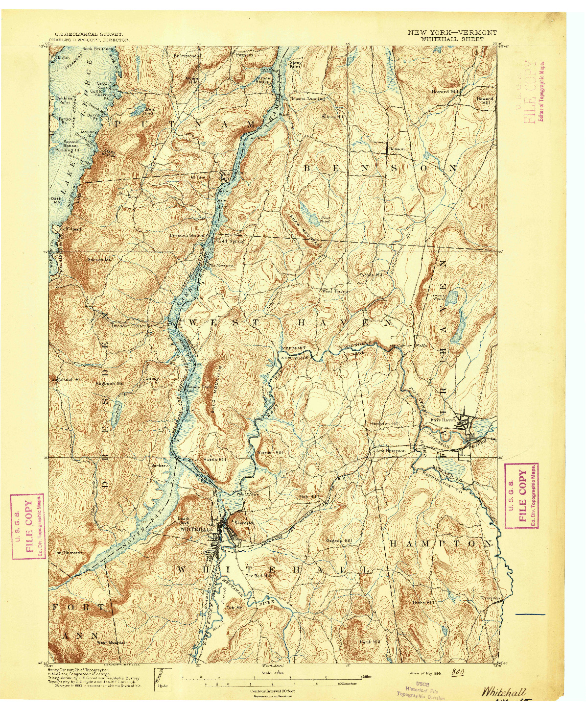 USGS 1:62500-SCALE QUADRANGLE FOR WHITEHALL, NY 1895