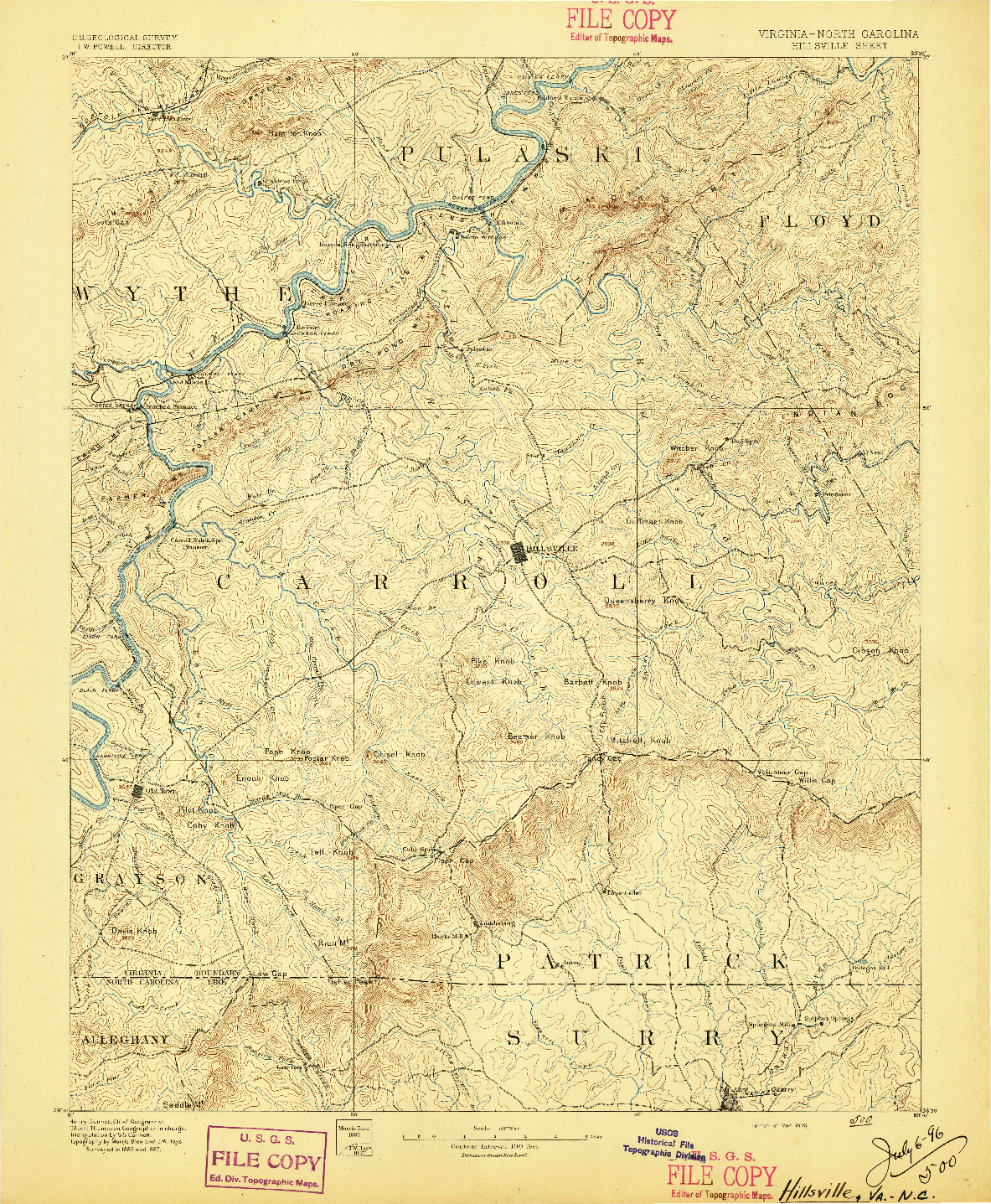 USGS 1:125000-SCALE QUADRANGLE FOR HILLSVILLE, VA 1896