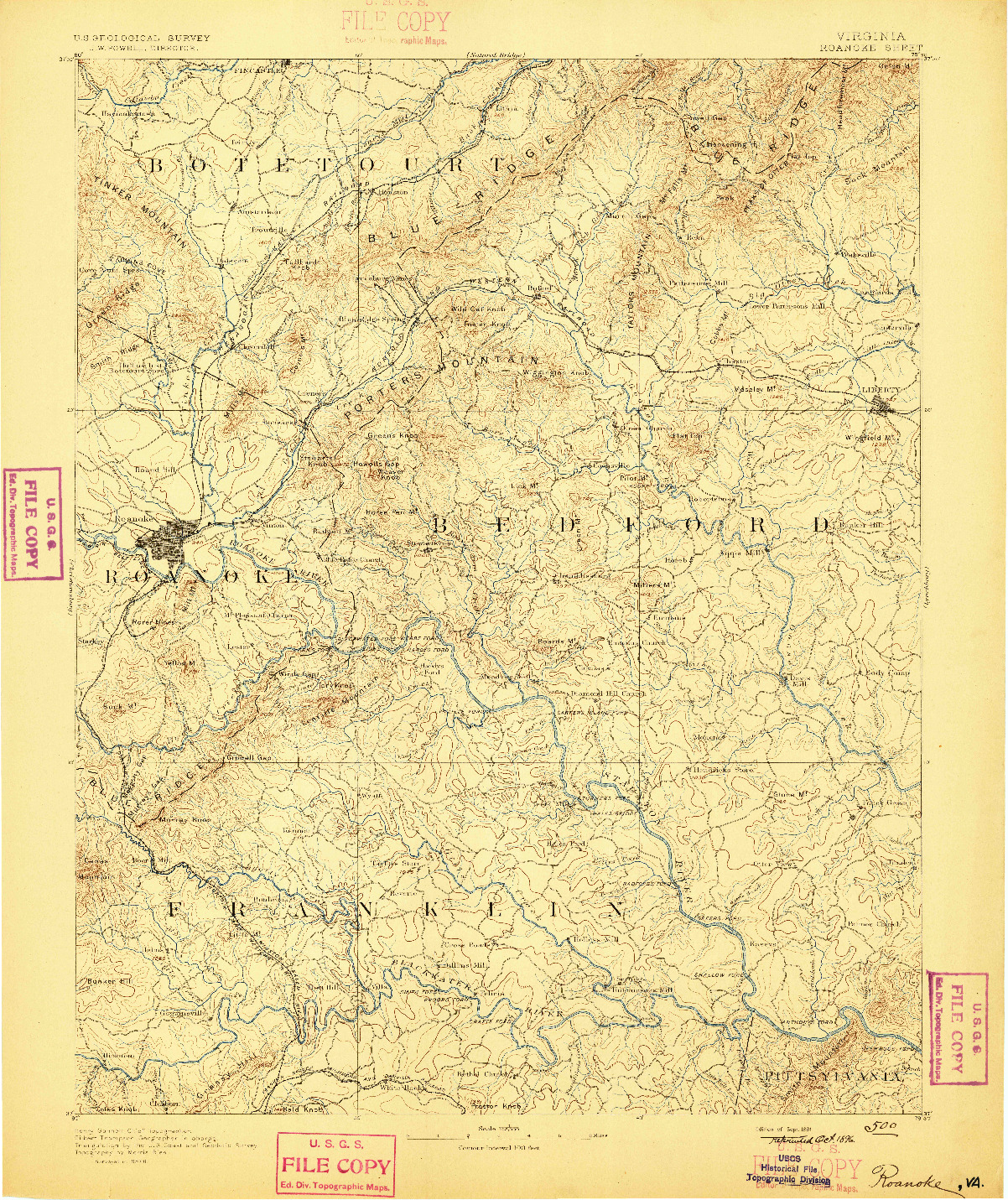 USGS 1:125000-SCALE QUADRANGLE FOR ROANOKE, VA 1891