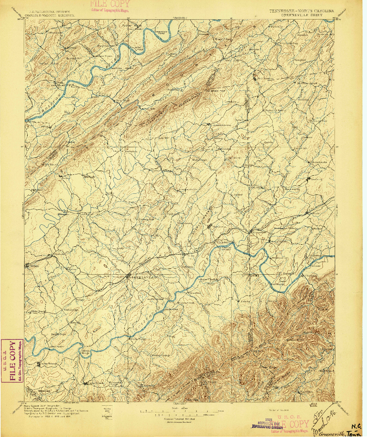 USGS 1:125000-SCALE QUADRANGLE FOR GREENEVILLE, TN 1896