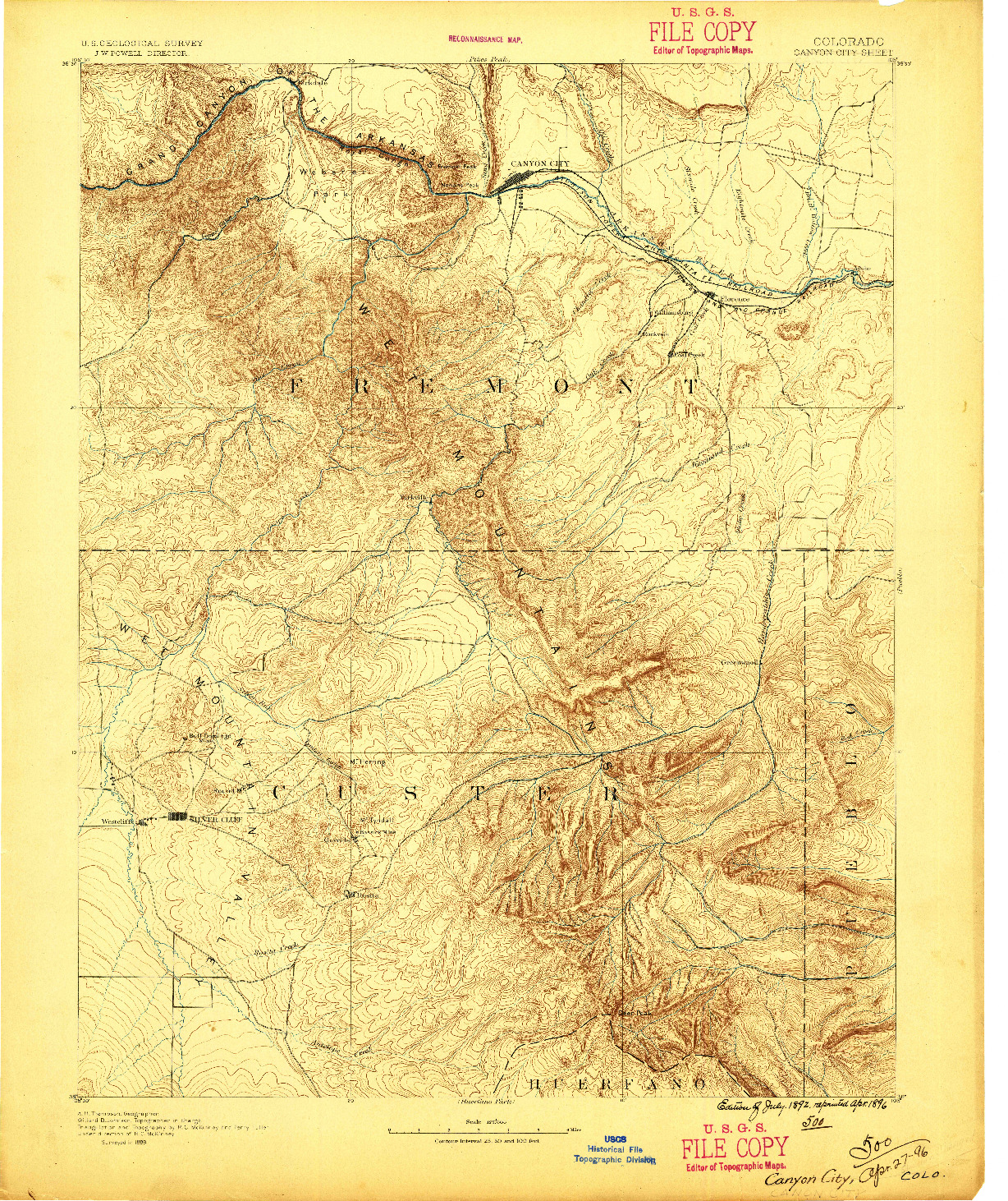 USGS 1:125000-SCALE QUADRANGLE FOR CANYON CITY, CO 1892