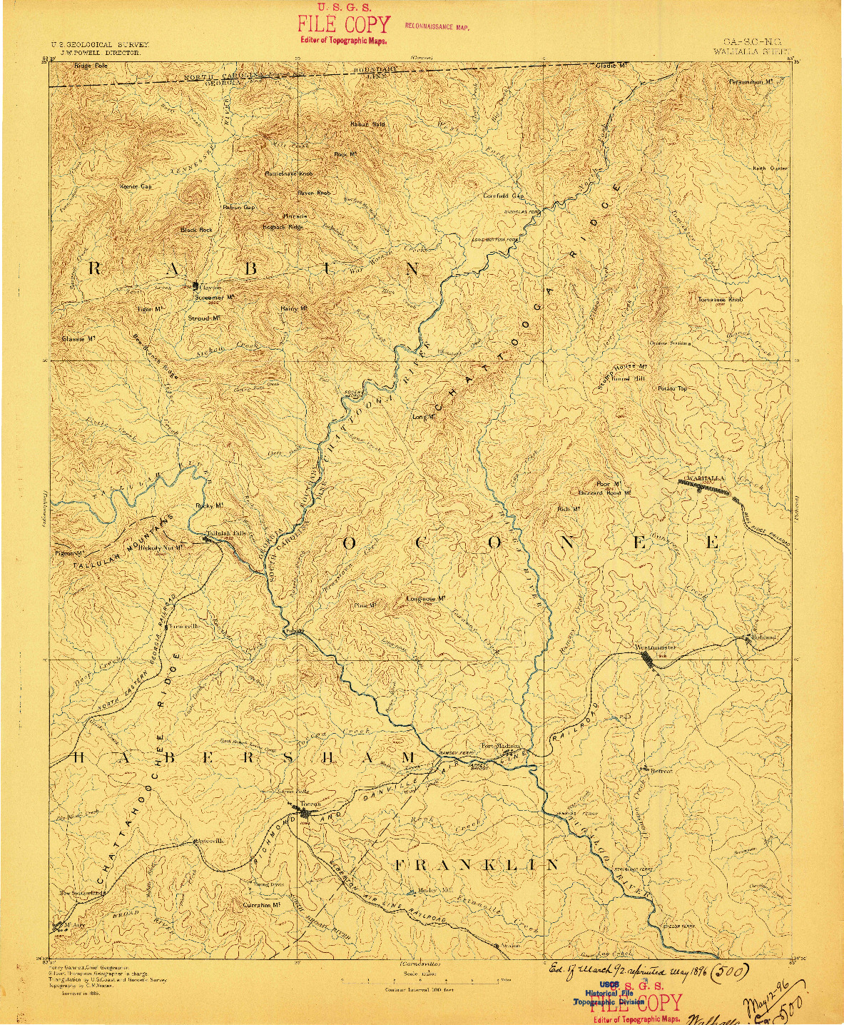 USGS 1:125000-SCALE QUADRANGLE FOR WALHALLA, GA 1896