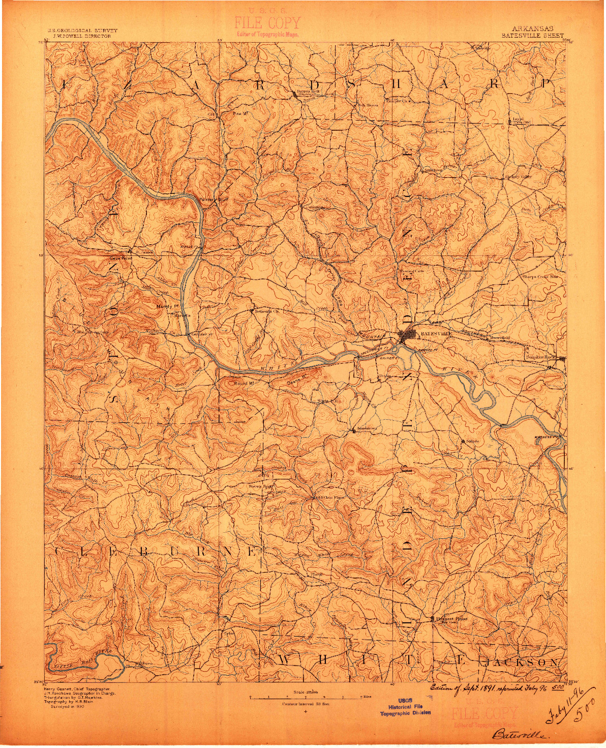 USGS 1:125000-SCALE QUADRANGLE FOR BATESVILLE, AR 1891