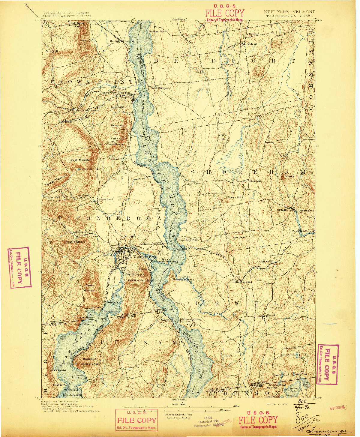 USGS 1:62500-SCALE QUADRANGLE FOR TICONDEROGA, NY 1896