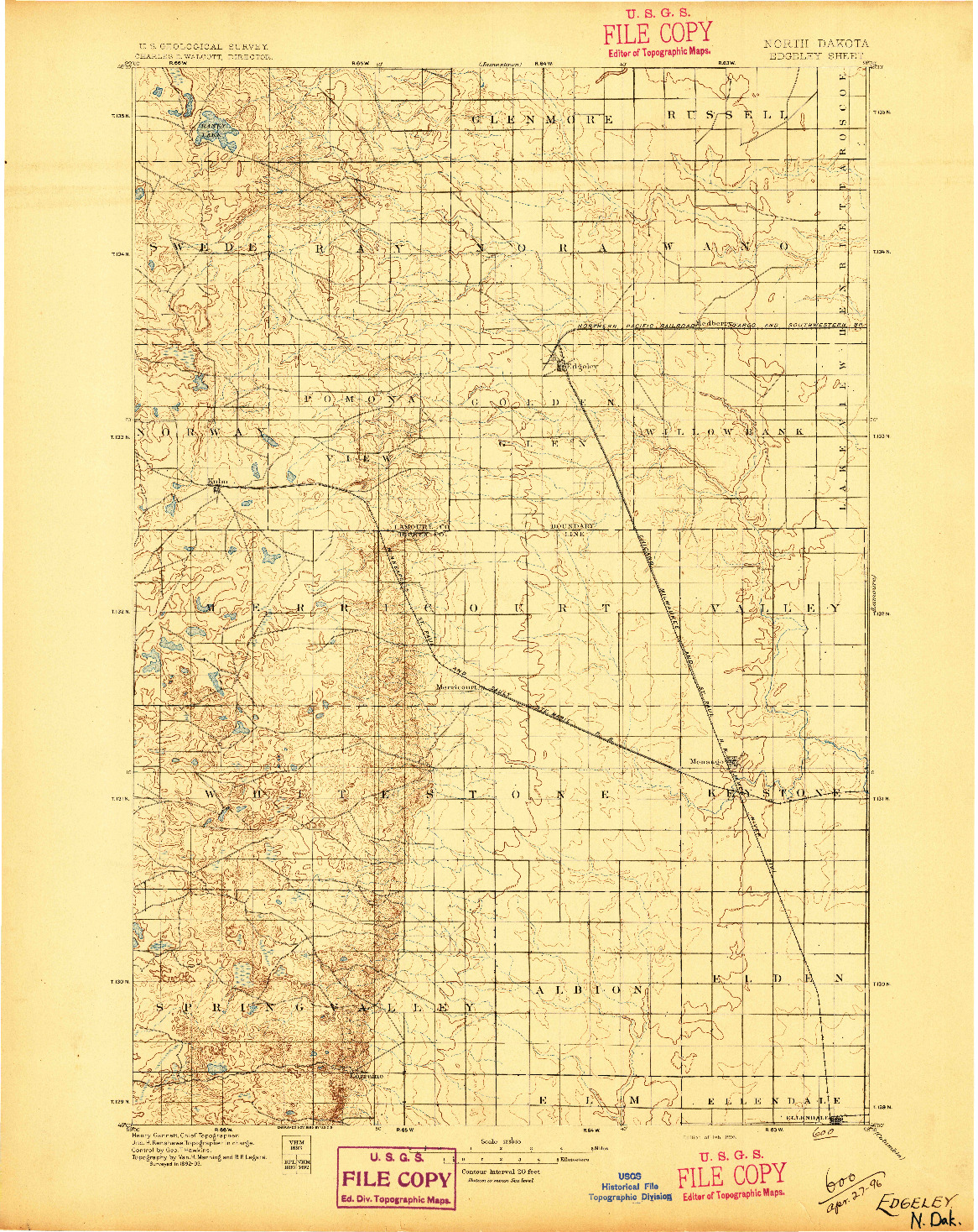 USGS 1:125000-SCALE QUADRANGLE FOR EDGELEY, ND 1896