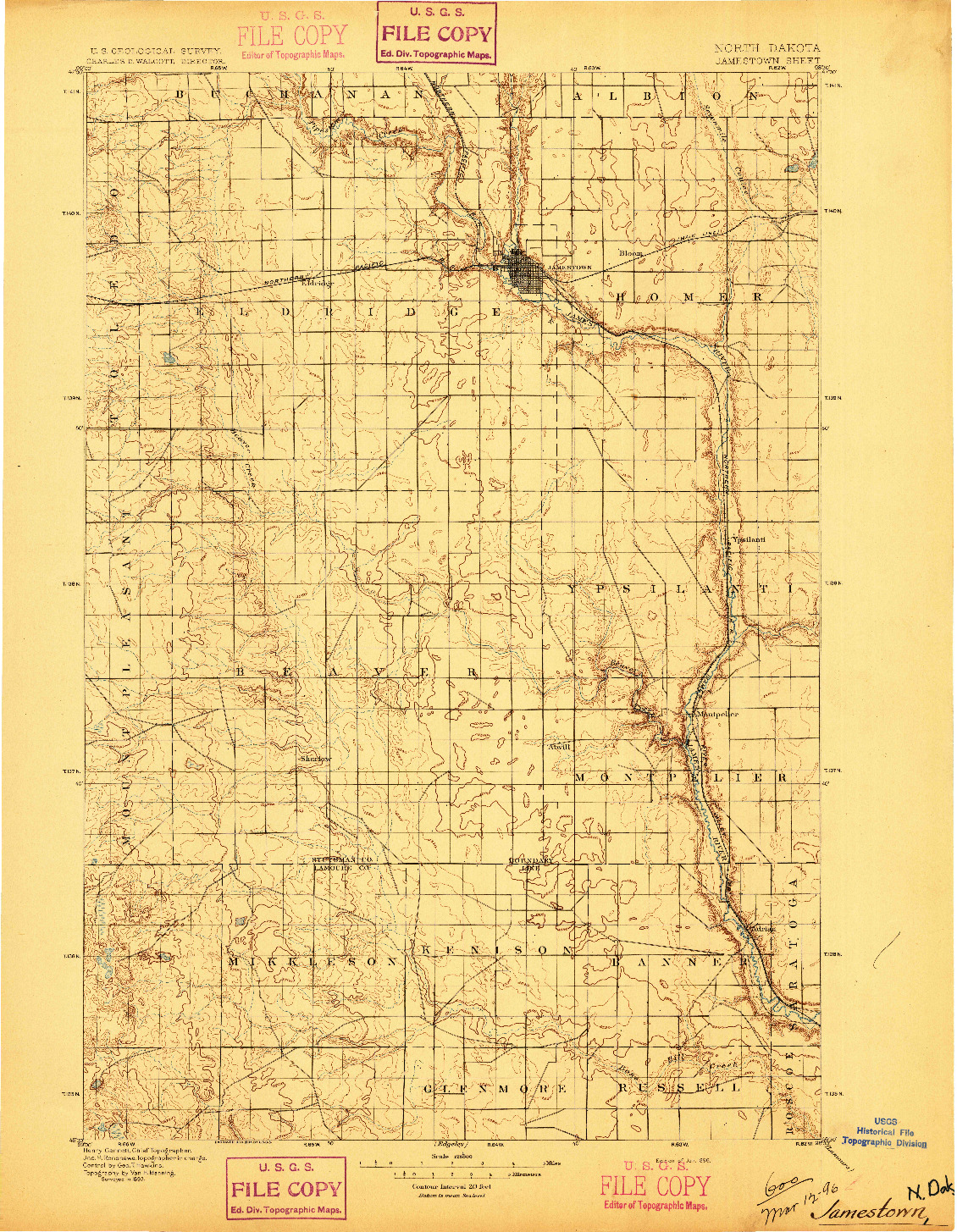 USGS 1:125000-SCALE QUADRANGLE FOR JAMESTOWN, ND 1896