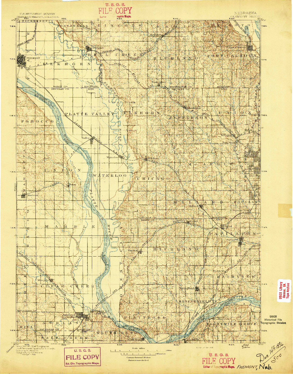 USGS 1:125000-SCALE QUADRANGLE FOR FREMONT, NE 1896