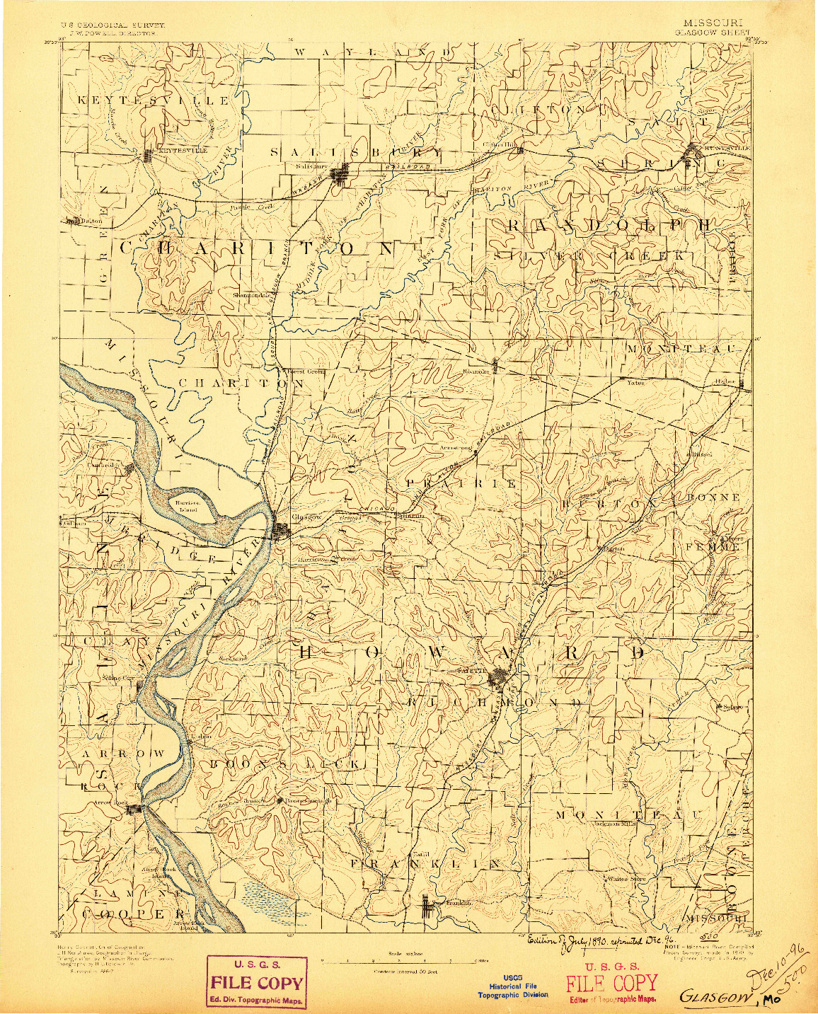 USGS 1:125000-SCALE QUADRANGLE FOR GLASGOW, MO 1890