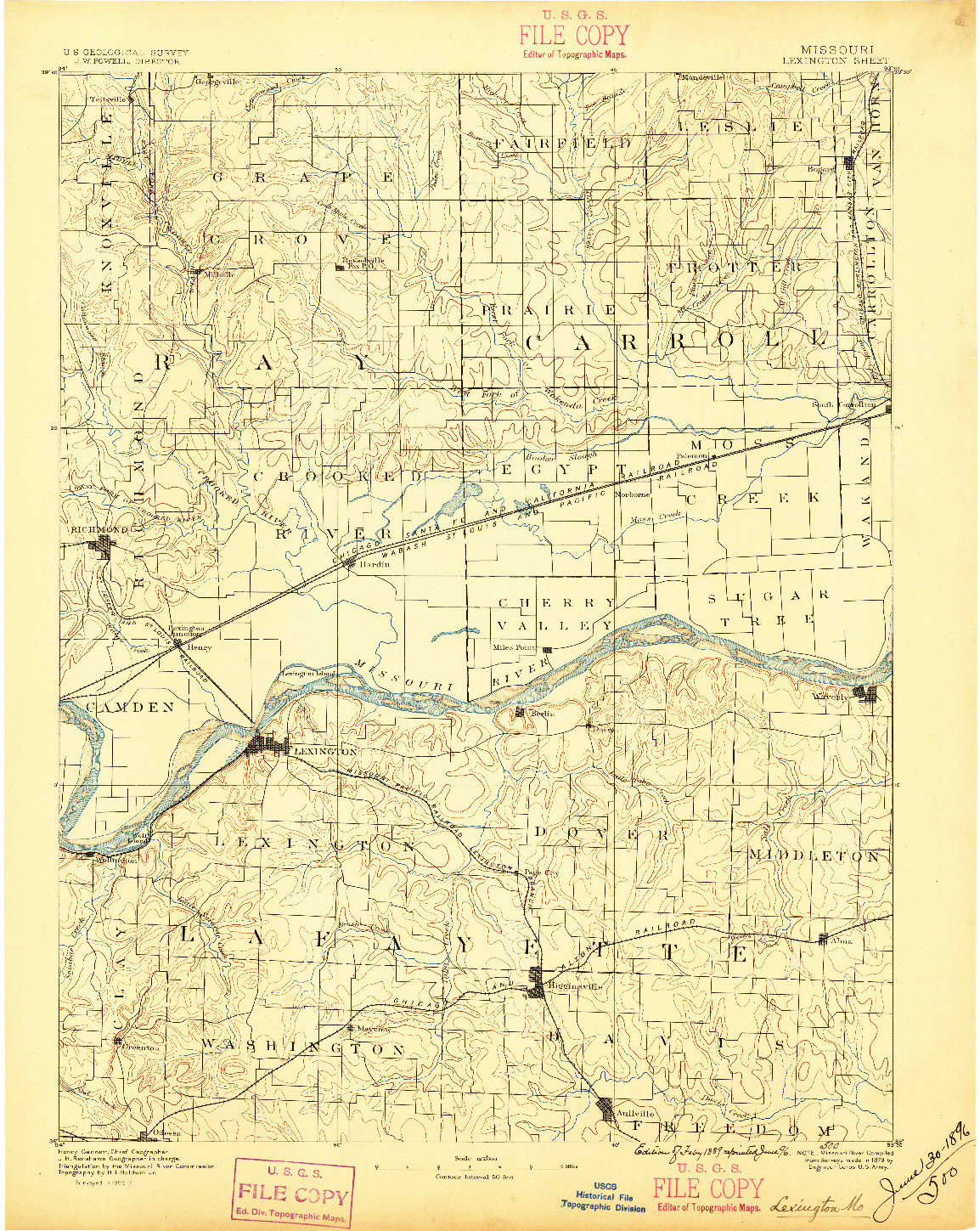 USGS 1:125000-SCALE QUADRANGLE FOR LEXINGTON, MO 1889