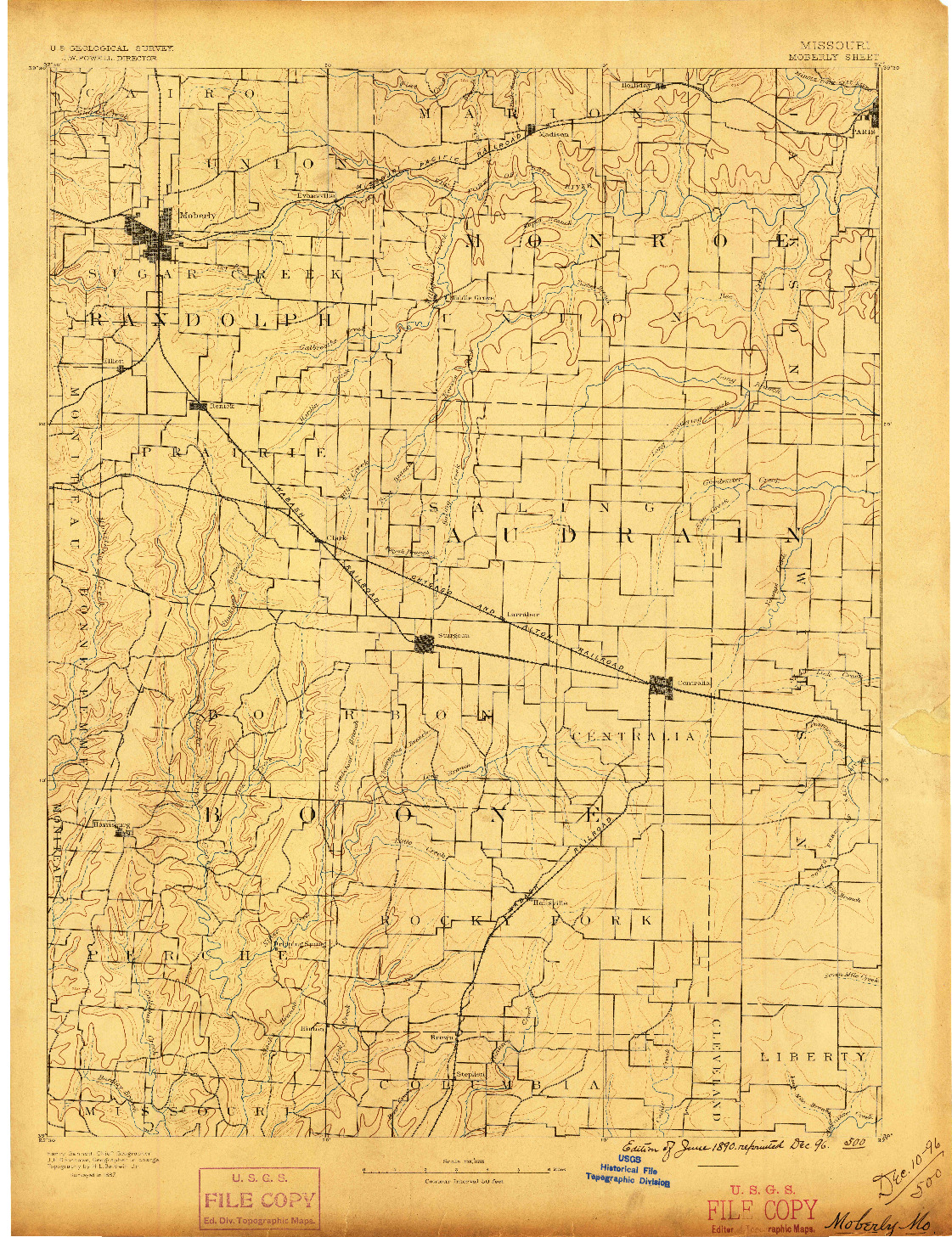 USGS 1:125000-SCALE QUADRANGLE FOR MOBERLY, MO 1890