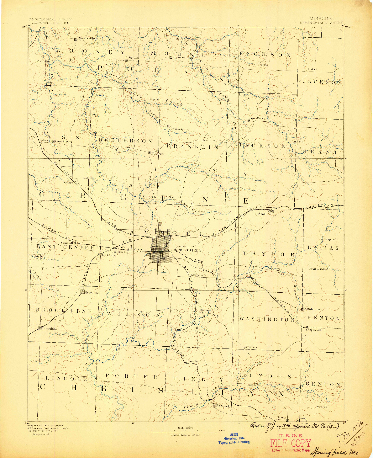 USGS 1:125000-SCALE QUADRANGLE FOR SPRINGFIELD, MO 1886