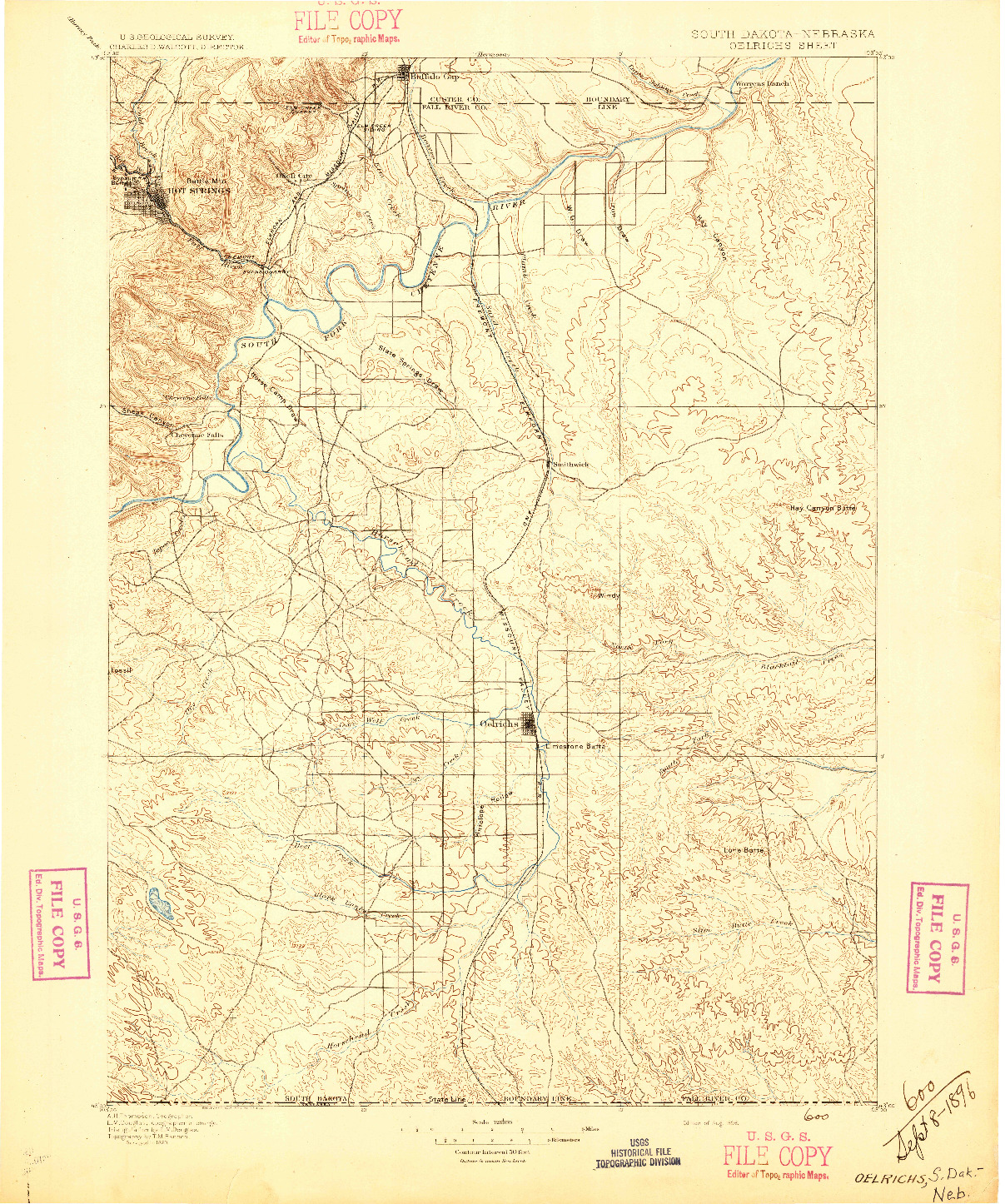 USGS 1:125000-SCALE QUADRANGLE FOR OELRICHS, SD 1896