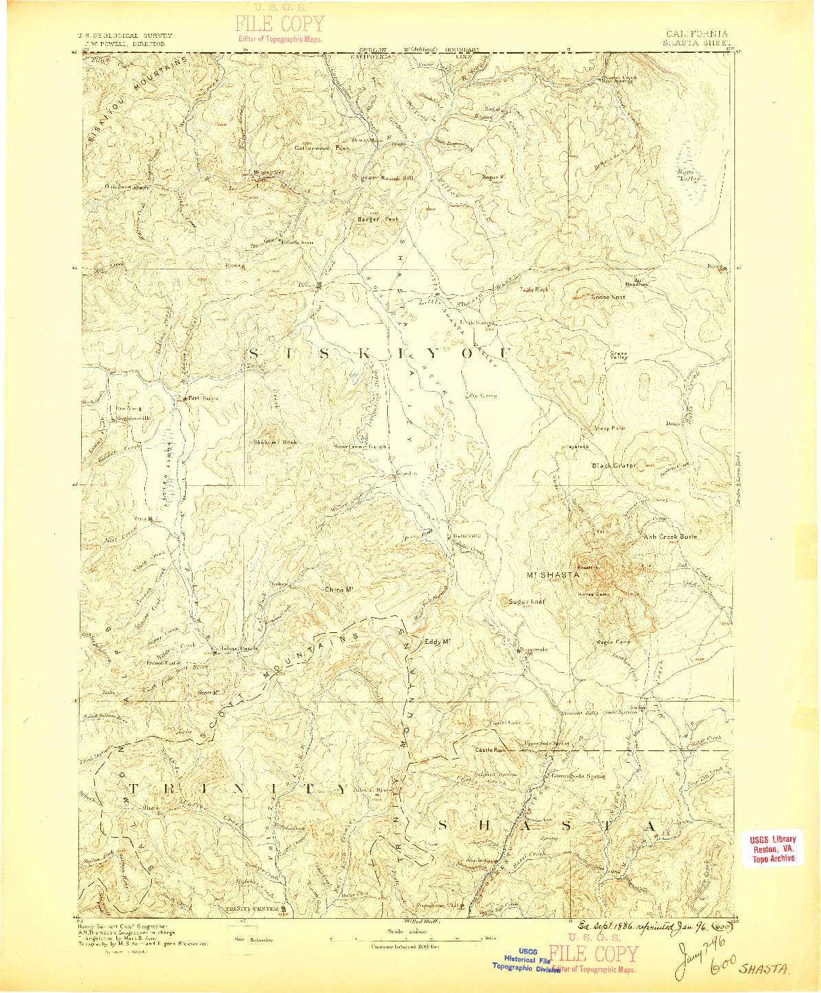 USGS 1:250000-SCALE QUADRANGLE FOR SHASTA, CA 1886