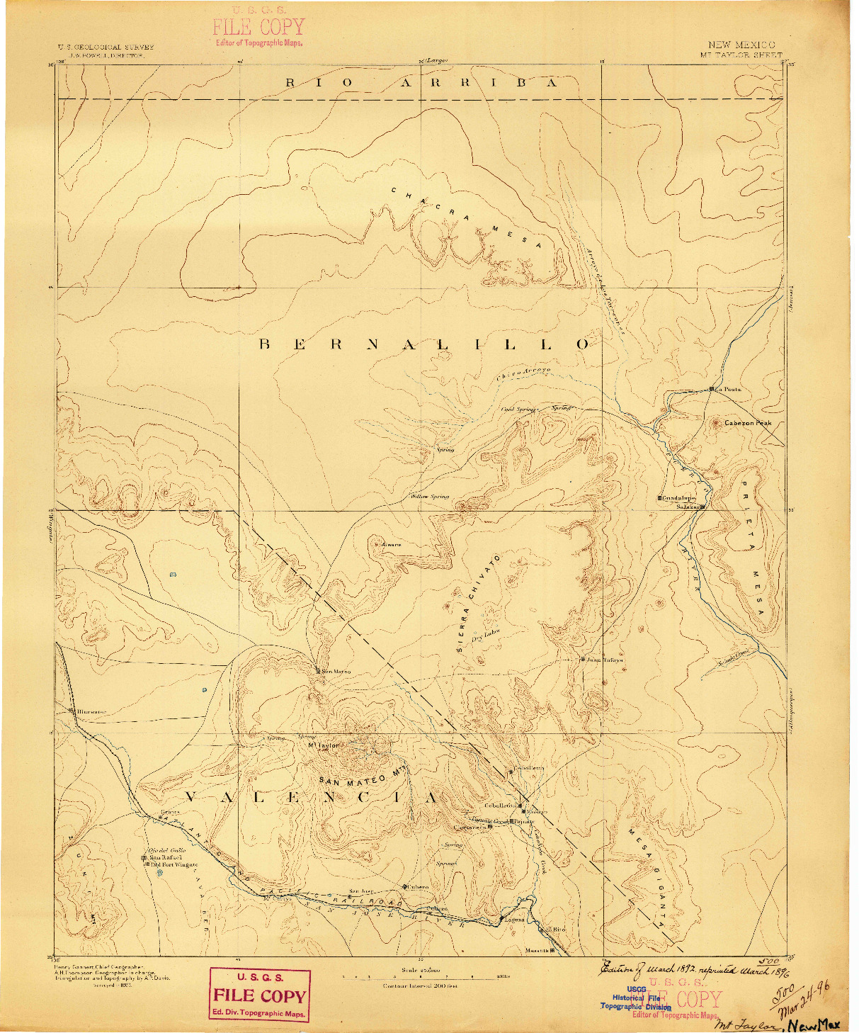 USGS 1:250000-SCALE QUADRANGLE FOR MT. TAYLOR, NM 1892