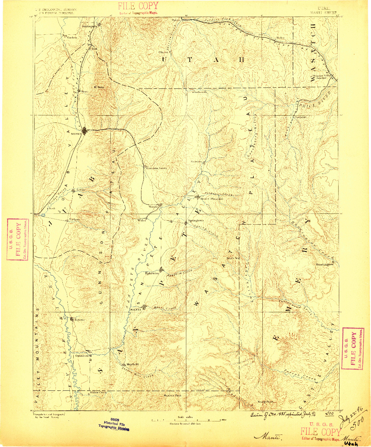 USGS 1:250000-SCALE QUADRANGLE FOR MANTI, UT 1885