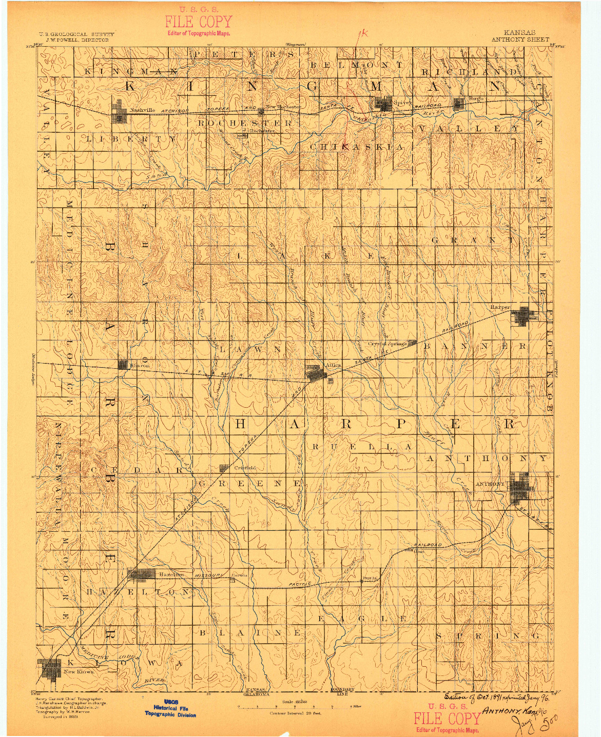 USGS 1:125000-SCALE QUADRANGLE FOR ANTHONY, KS 1891