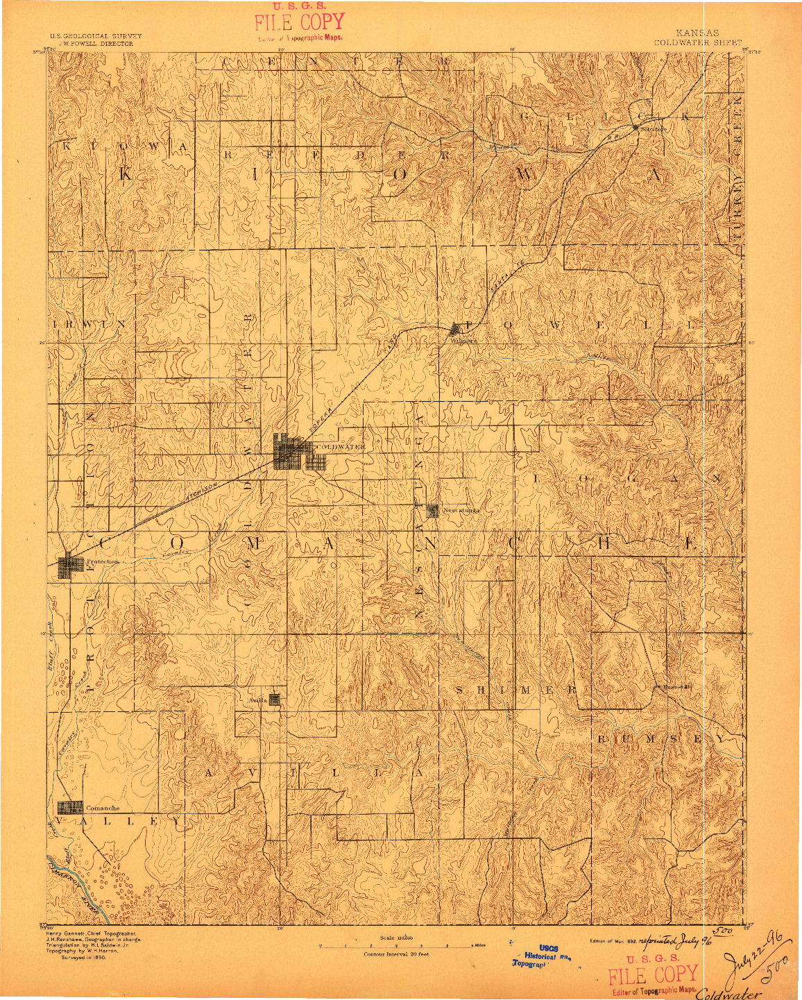 USGS 1:125000-SCALE QUADRANGLE FOR COLDWATER, KS 1892