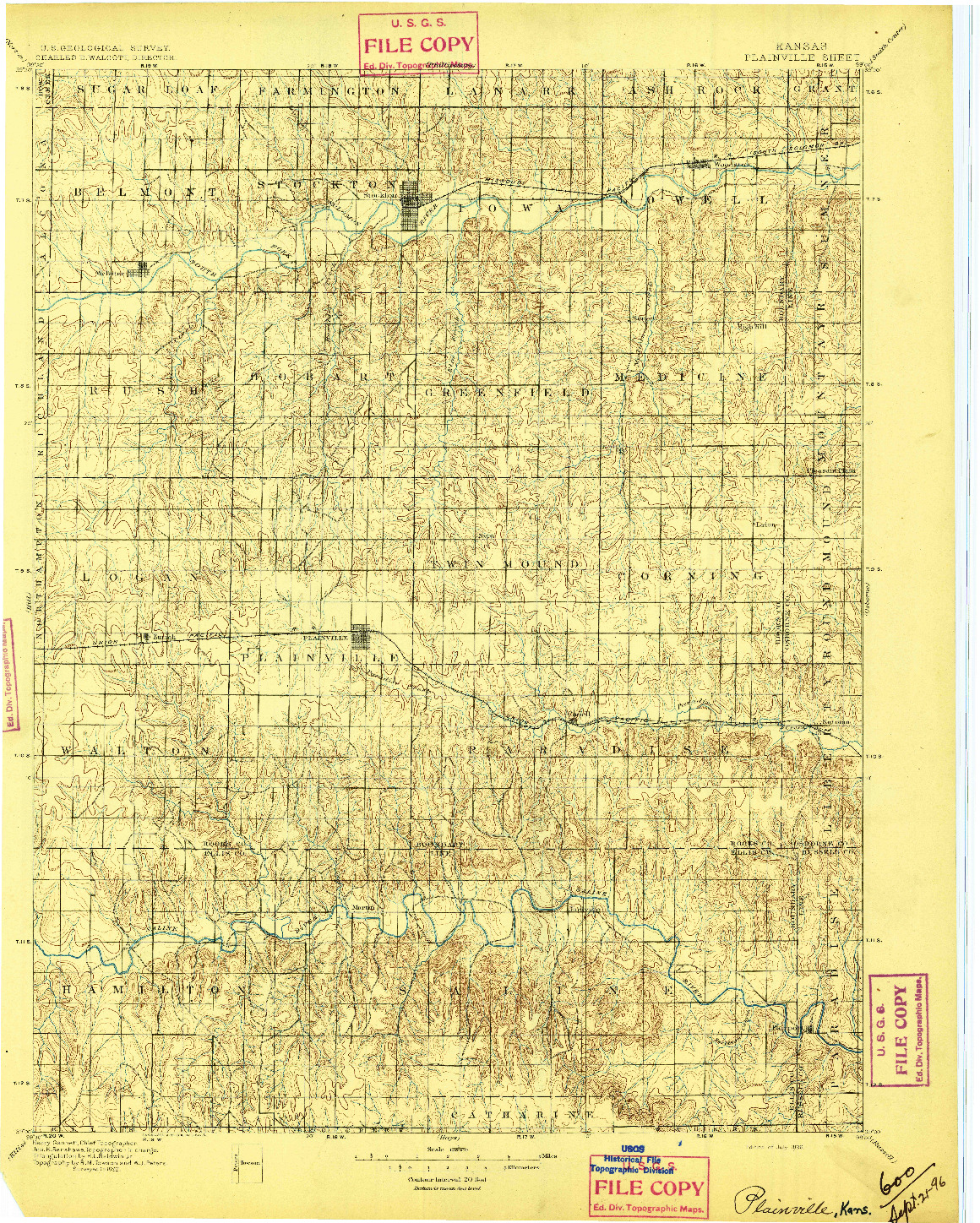 USGS 1:125000-SCALE QUADRANGLE FOR PLAINVILLE, KS 1896