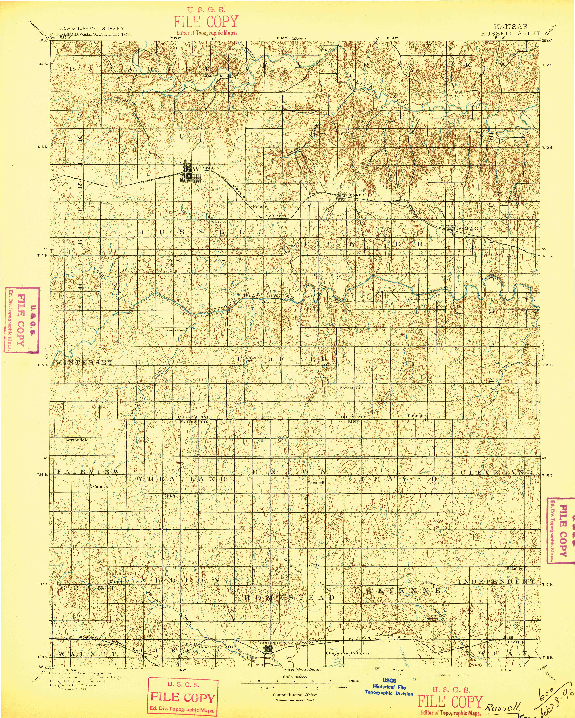 USGS 1:125000-SCALE QUADRANGLE FOR RUSSELL, KS 1896