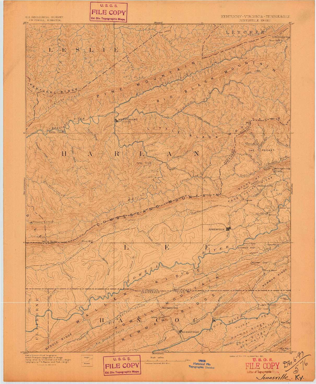 USGS 1:125000-SCALE QUADRANGLE FOR JONESVILLE, KY 1891