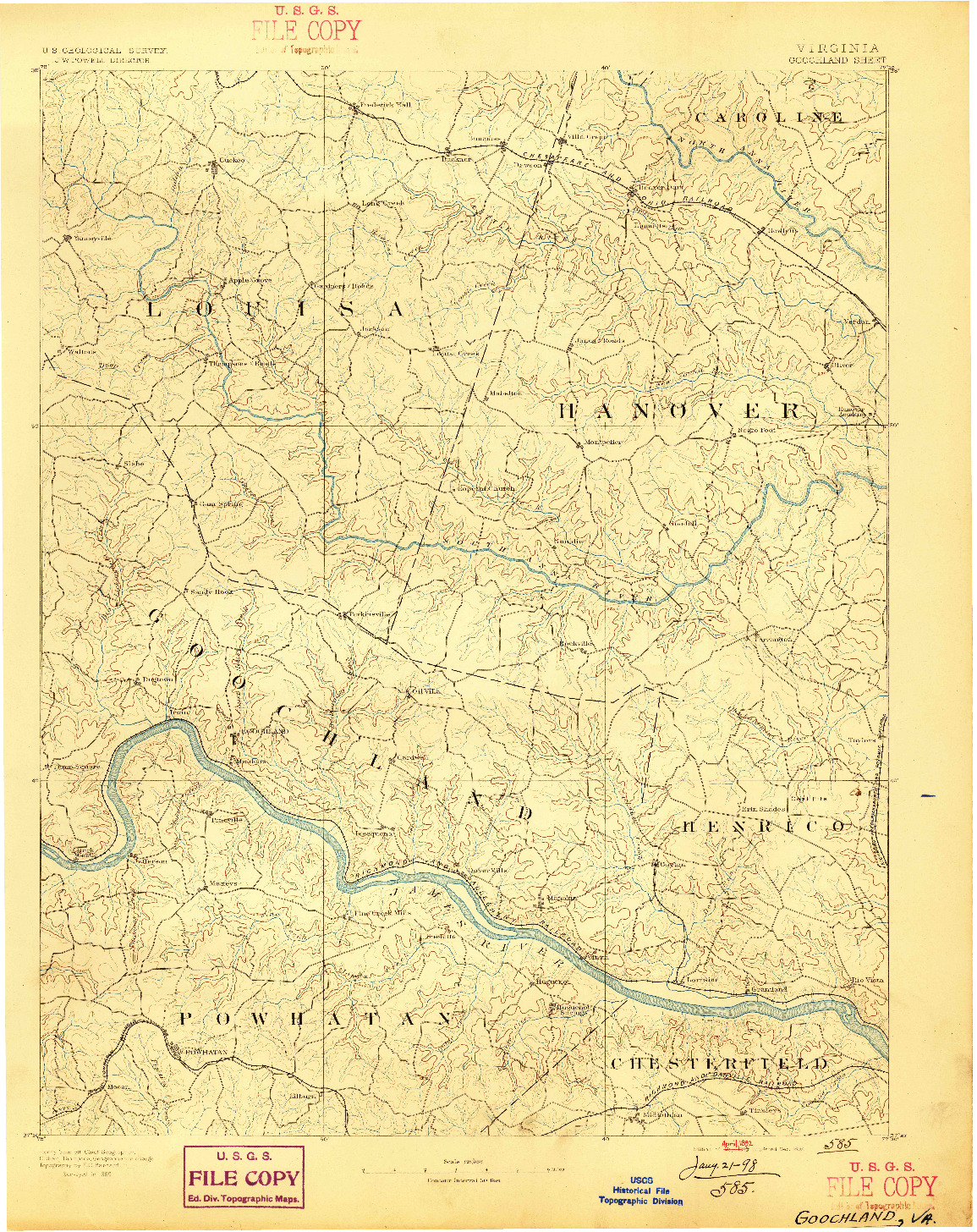 USGS 1:125000-SCALE QUADRANGLE FOR GOOCHLAND, VA 1892