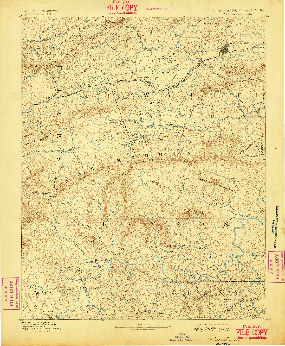 USGS 1:125000-SCALE QUADRANGLE FOR WYTHEVILLE, VA 1892