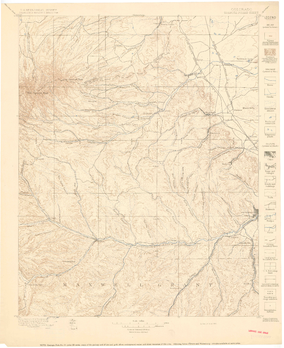 USGS 1:125000-SCALE QUADRANGLE FOR SPANISH PEAKS, CO 1897