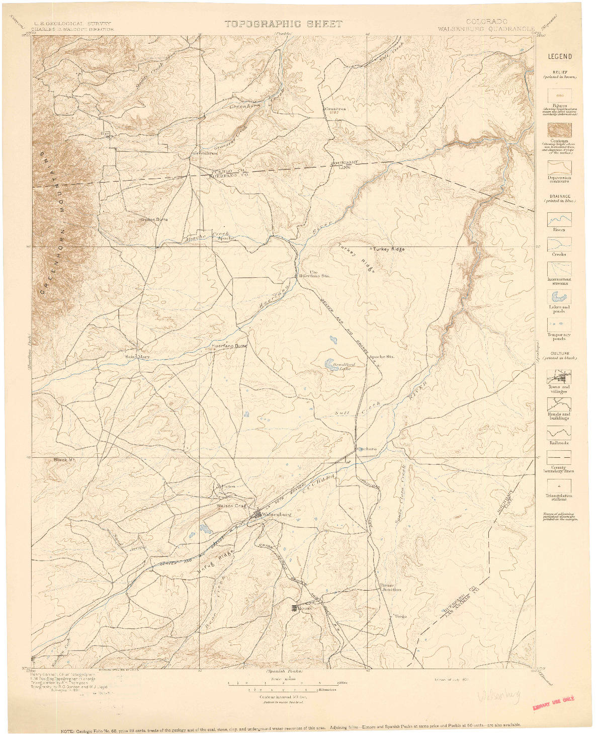 USGS 1:125000-SCALE QUADRANGLE FOR WALSENBURG, CO 1897