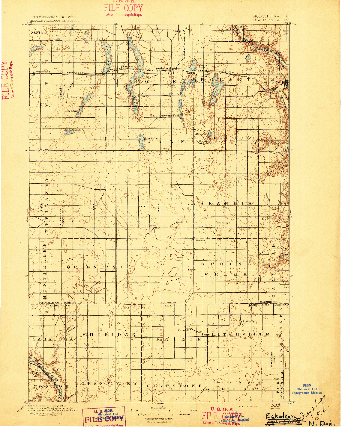 USGS 1:125000-SCALE QUADRANGLE FOR ECKELSON, ND 1897