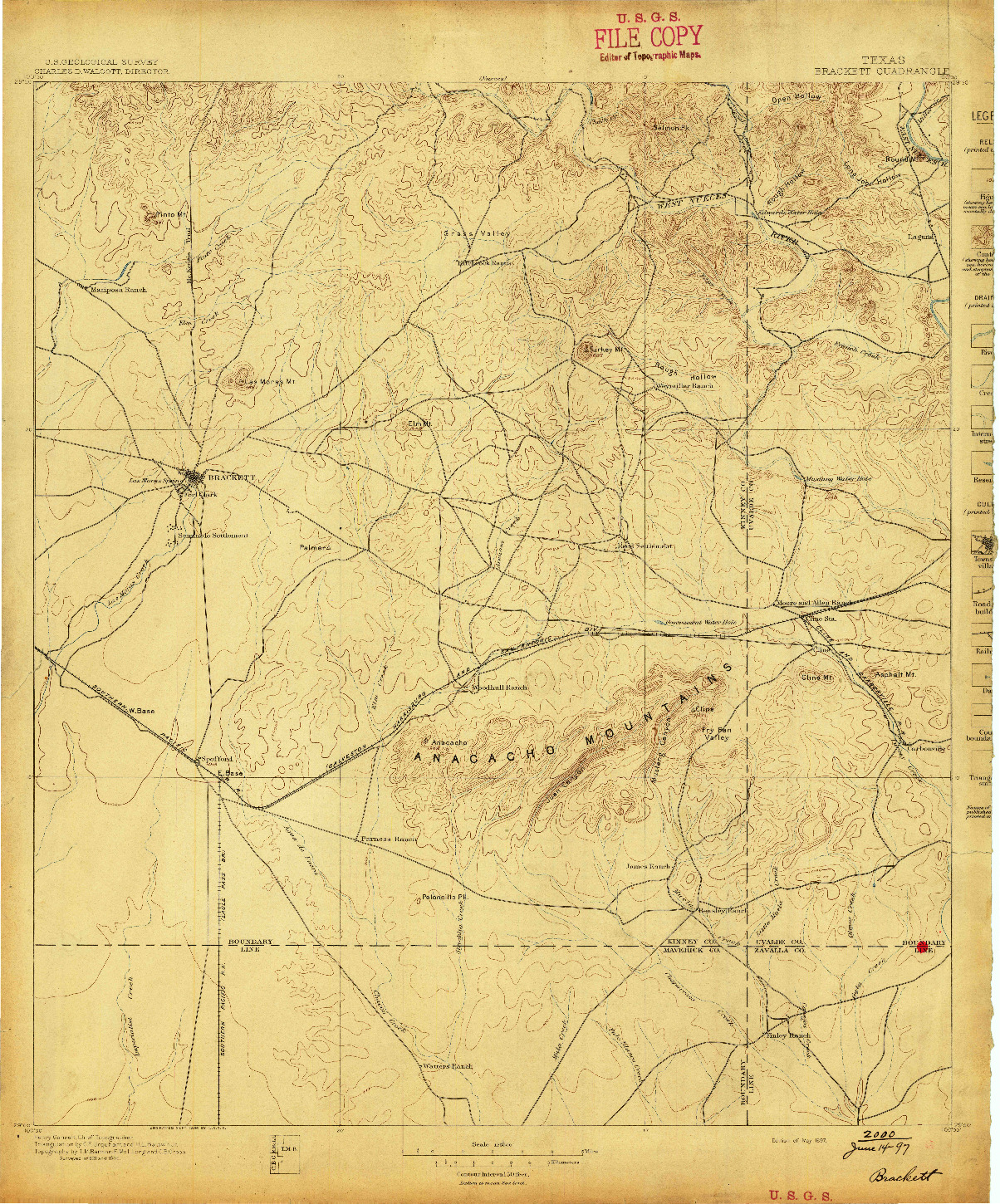 USGS 1:125000-SCALE QUADRANGLE FOR BRACKETT, TX 1897