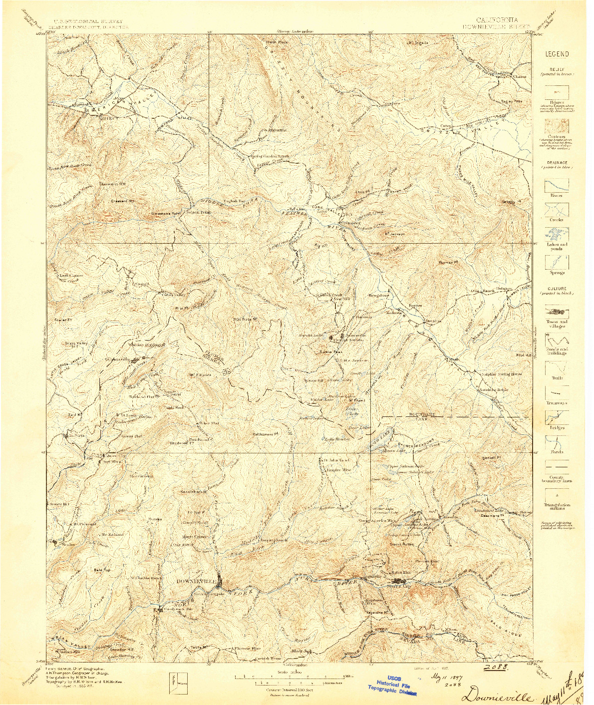 USGS 1:125000-SCALE QUADRANGLE FOR DOWNIEVILLE, CA 1897