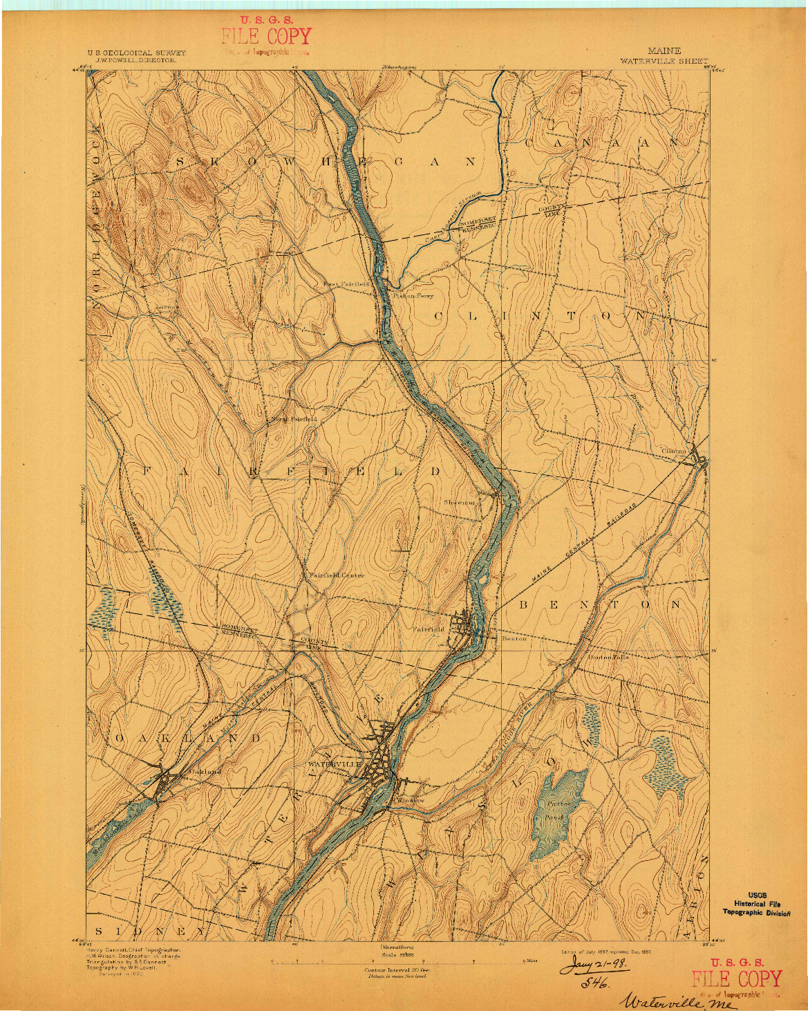 USGS 1:62500-SCALE QUADRANGLE FOR WATERVILLE, ME 1892