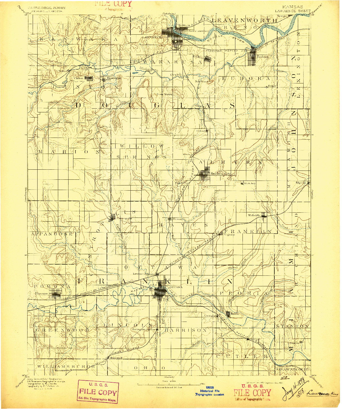 USGS 1:125000-SCALE QUADRANGLE FOR LAWRENCE, KS 1889