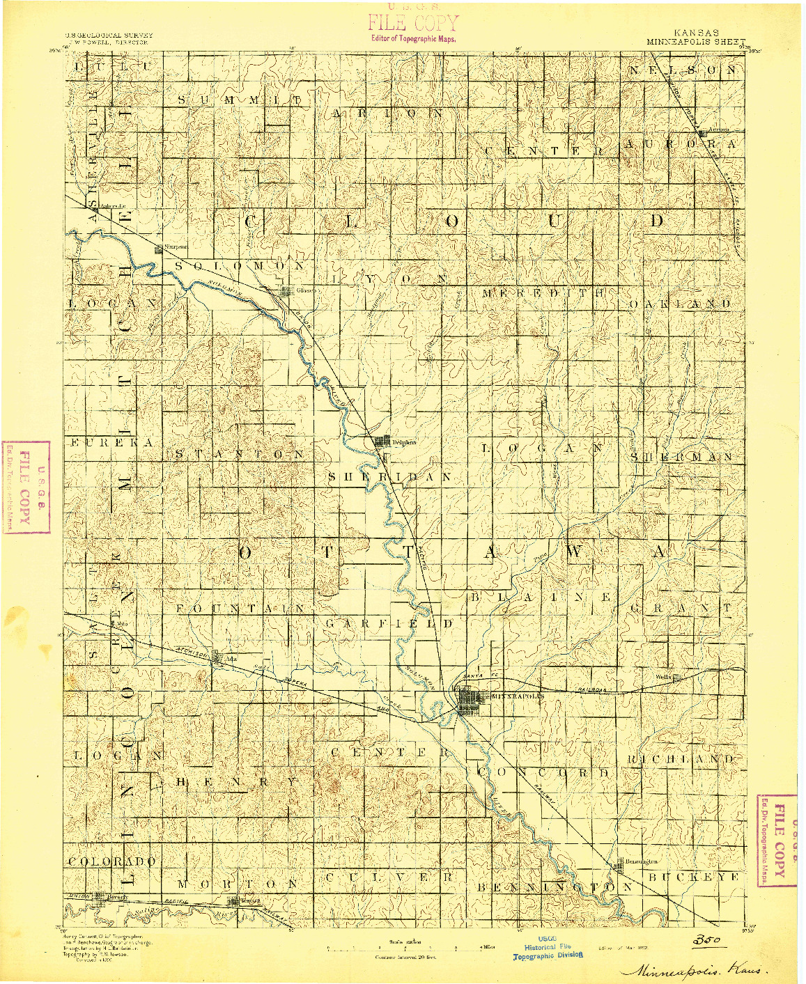 USGS 1:125000-SCALE QUADRANGLE FOR MINNEAPOLIS, KS 1892