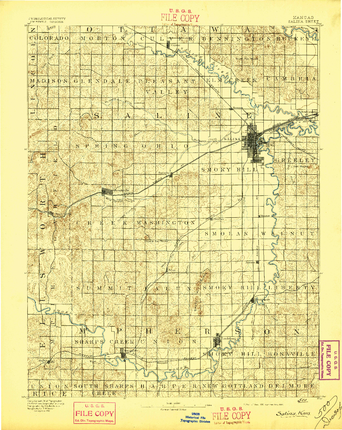 USGS 1:125000-SCALE QUADRANGLE FOR SALINA, KS 1892