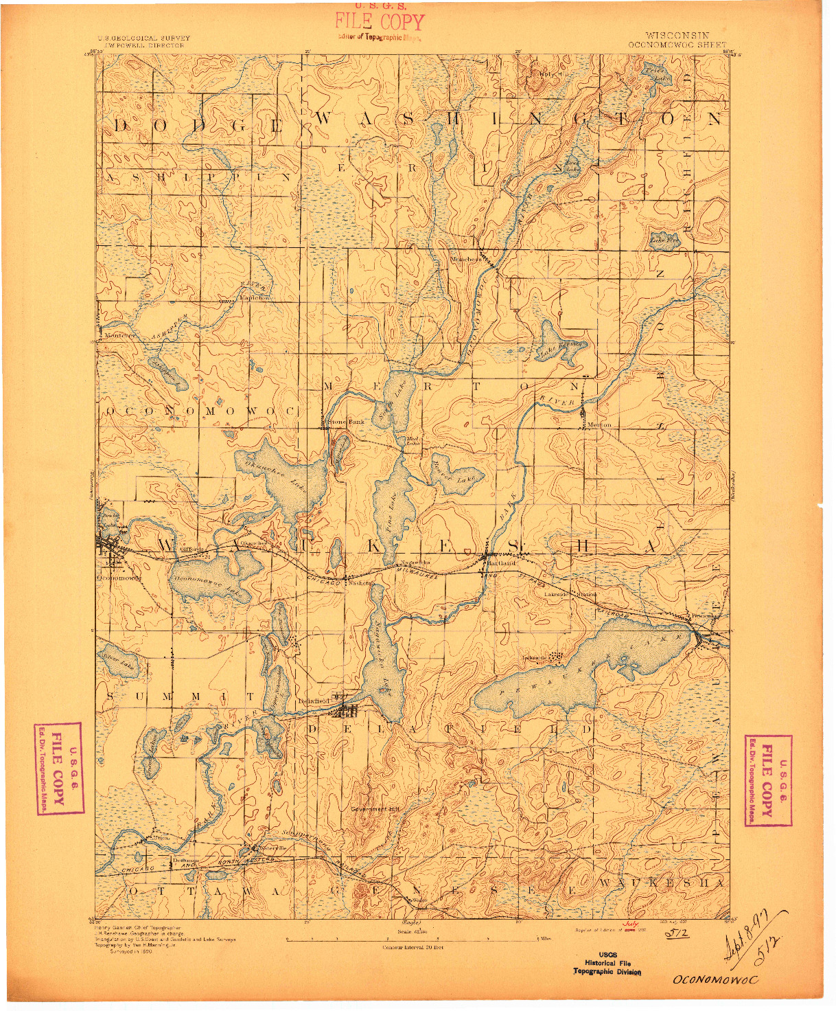 USGS 1:62500-SCALE QUADRANGLE FOR OCONOMOWOC, WI 1892