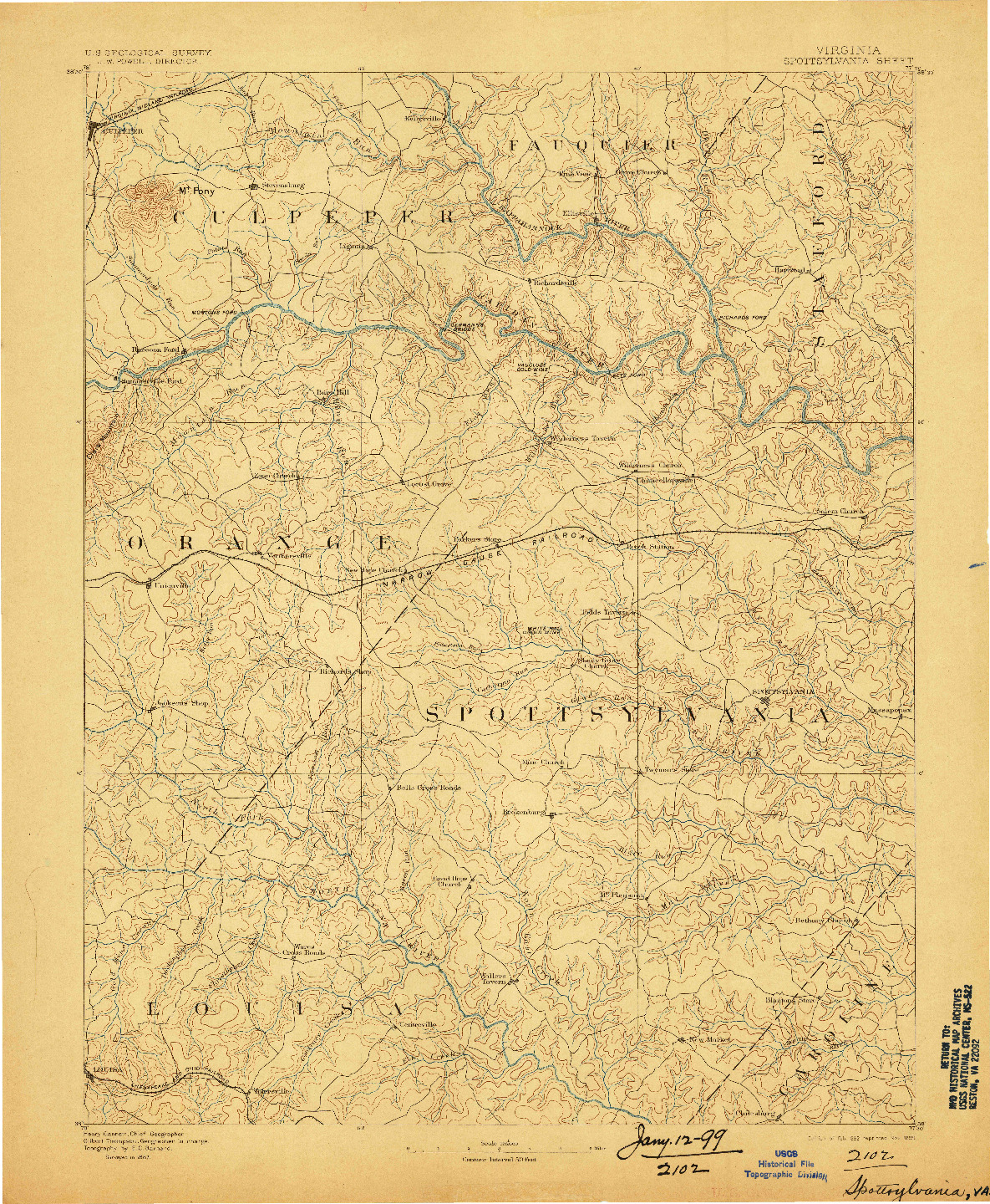 USGS 1:125000-SCALE QUADRANGLE FOR SPOTTSYLVANIA, VA 1892