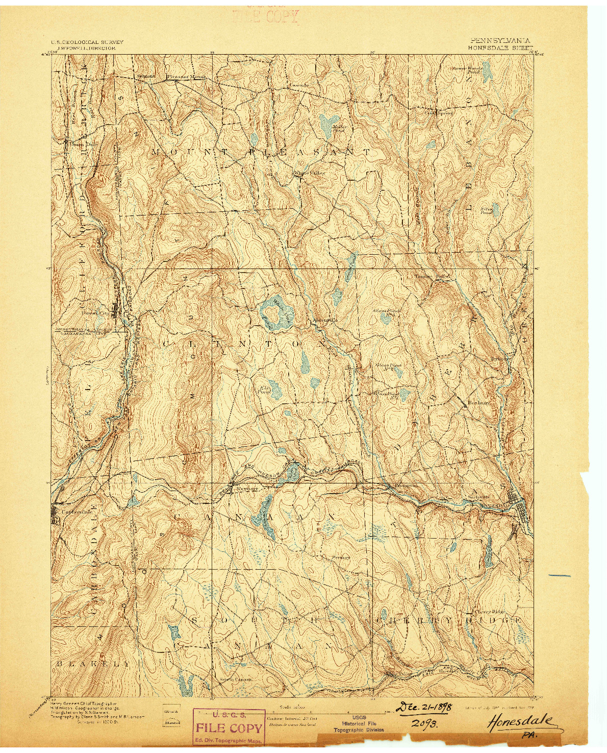 USGS 1:62500-SCALE QUADRANGLE FOR HONESDALE, PA 1892