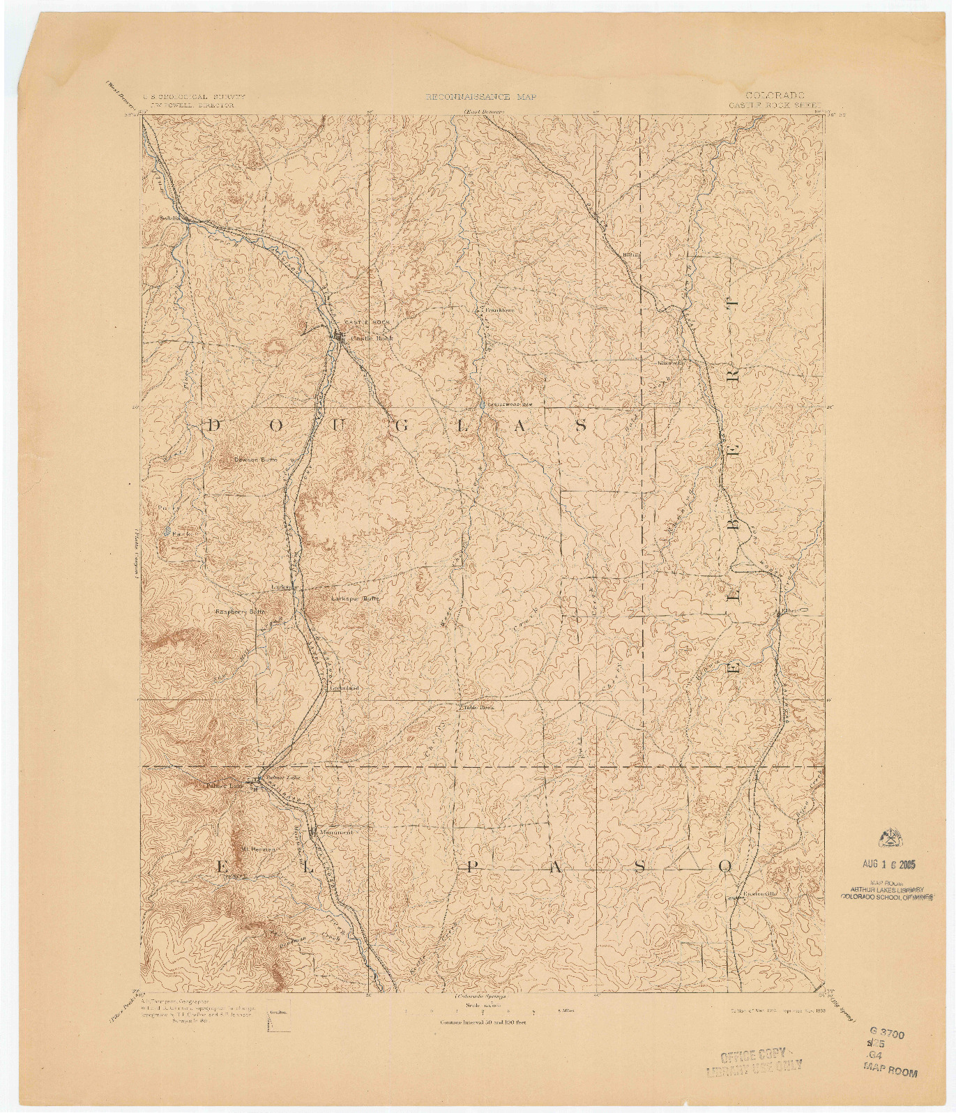 USGS 1:125000-SCALE QUADRANGLE FOR CASTLE ROCK, CO 1894