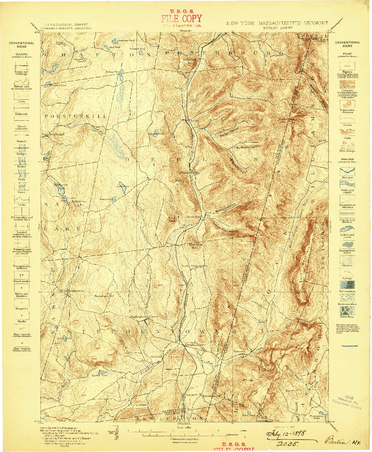 USGS 1:62500-SCALE QUADRANGLE FOR BERLIN, NY 1898