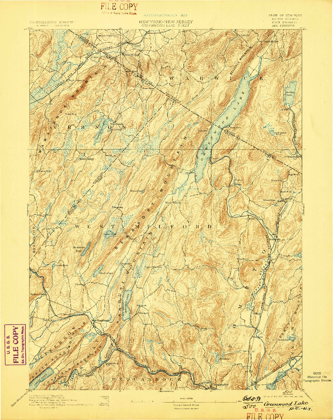 USGS 1:62500-SCALE QUADRANGLE FOR GREENWOOD LAKE, NY 1893