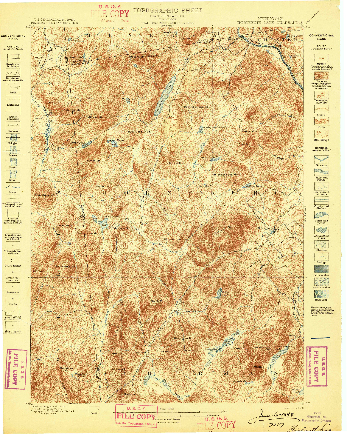 USGS 1:62500-SCALE QUADRANGLE FOR THIRTEENTH LAKE, NY 1898