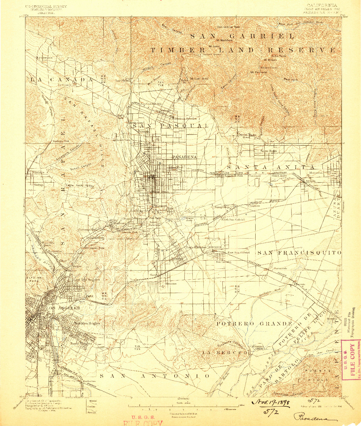 USGS 1:62500-SCALE QUADRANGLE FOR PASADENA, CA 1896