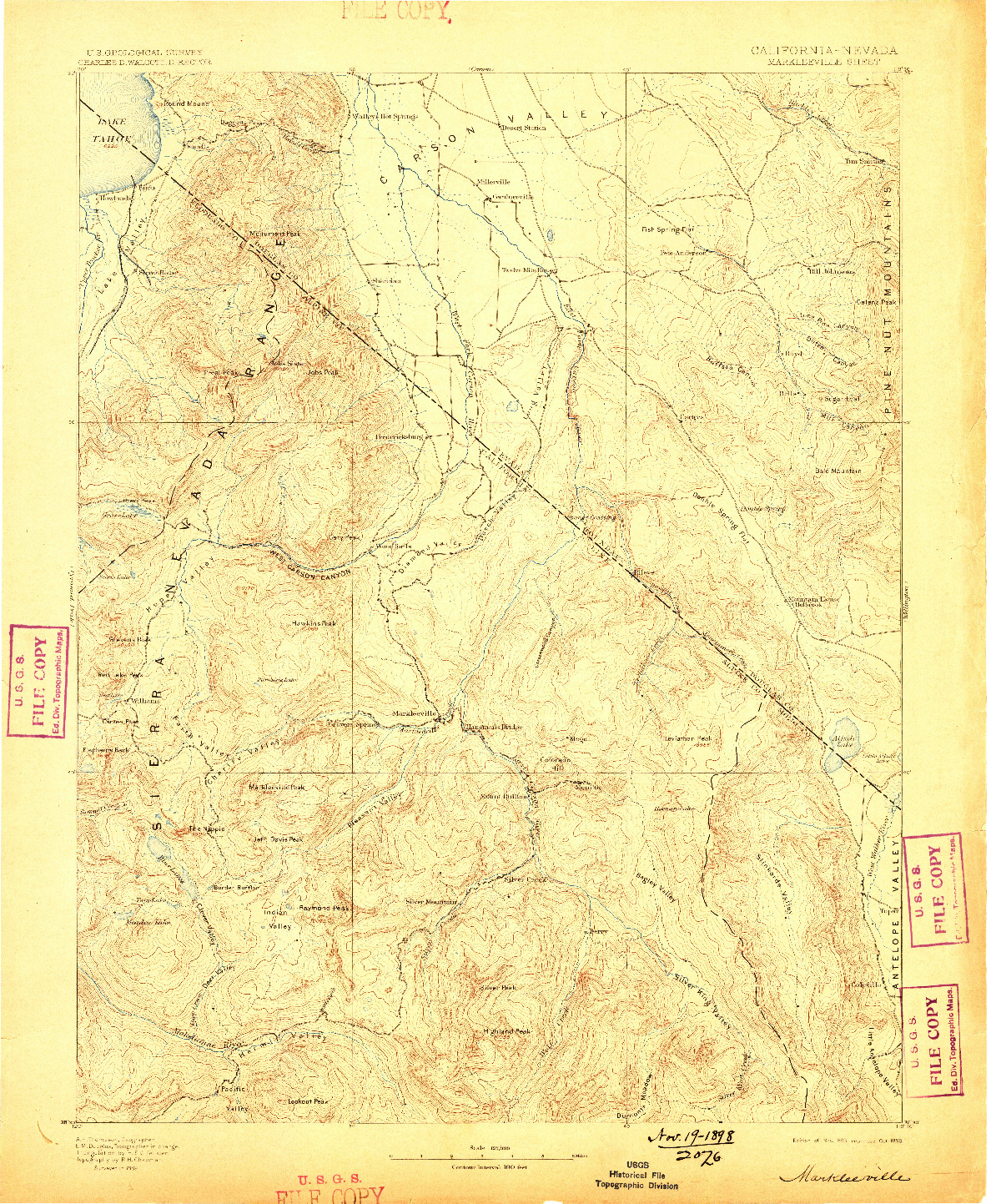 USGS 1:125000-SCALE QUADRANGLE FOR MARKLEEVILLE, CA 1893