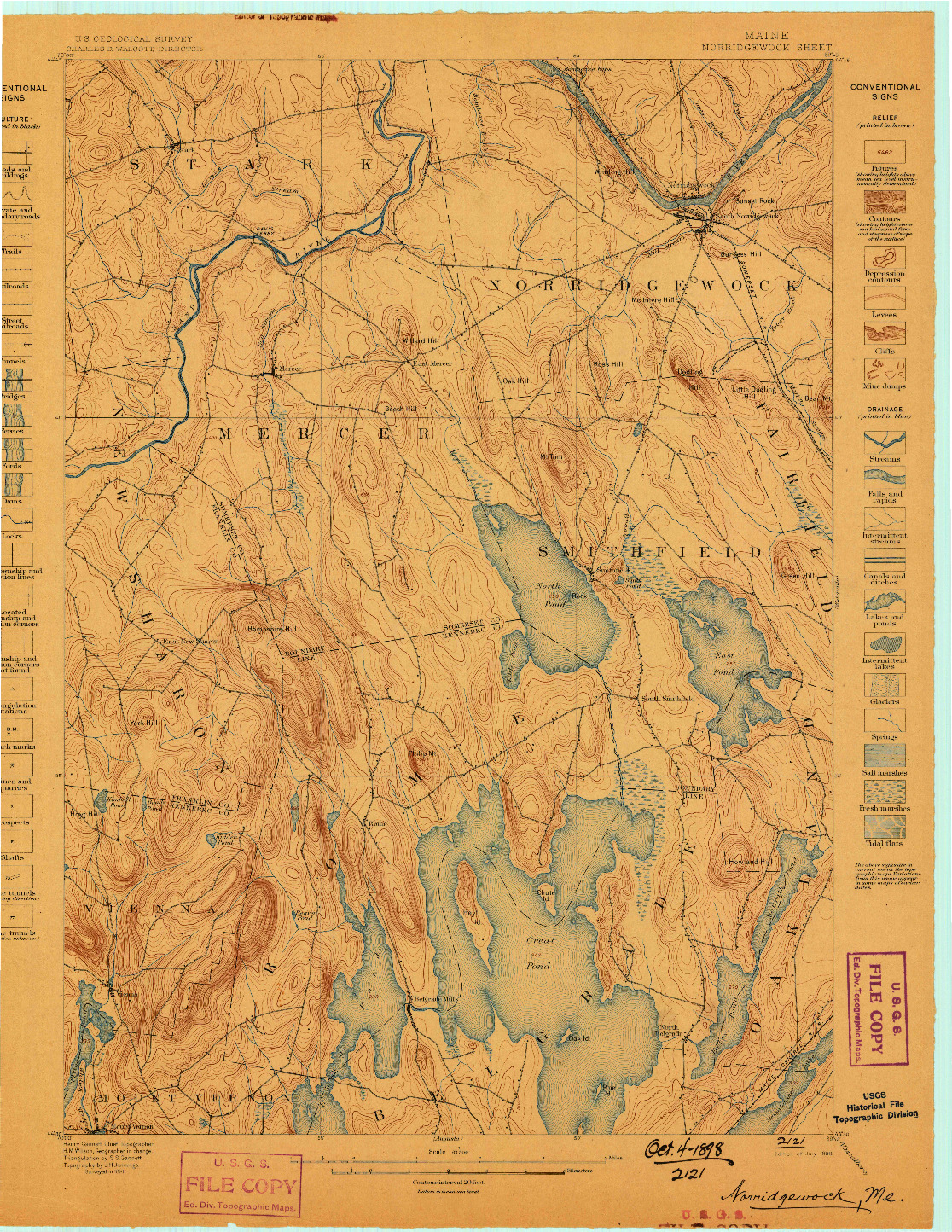 USGS 1:62500-SCALE QUADRANGLE FOR NORRIDGEWOCK, ME 1898