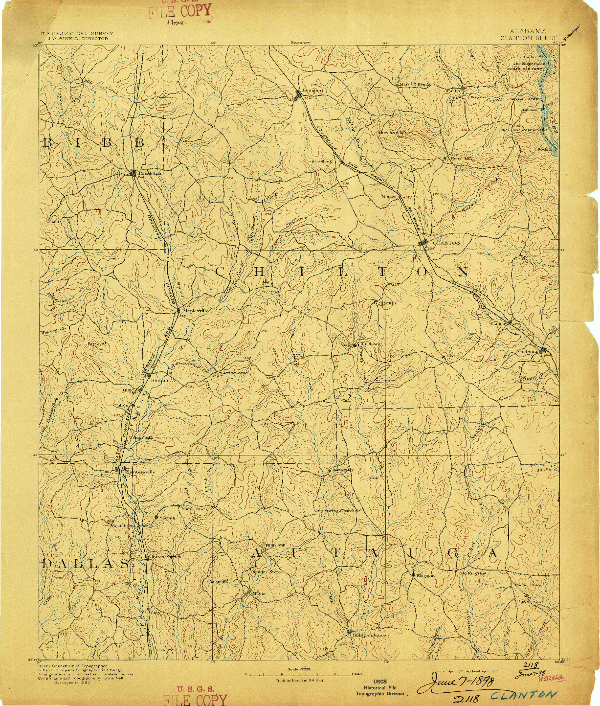 USGS 1:125000-SCALE QUADRANGLE FOR CLANTON, AL 1891