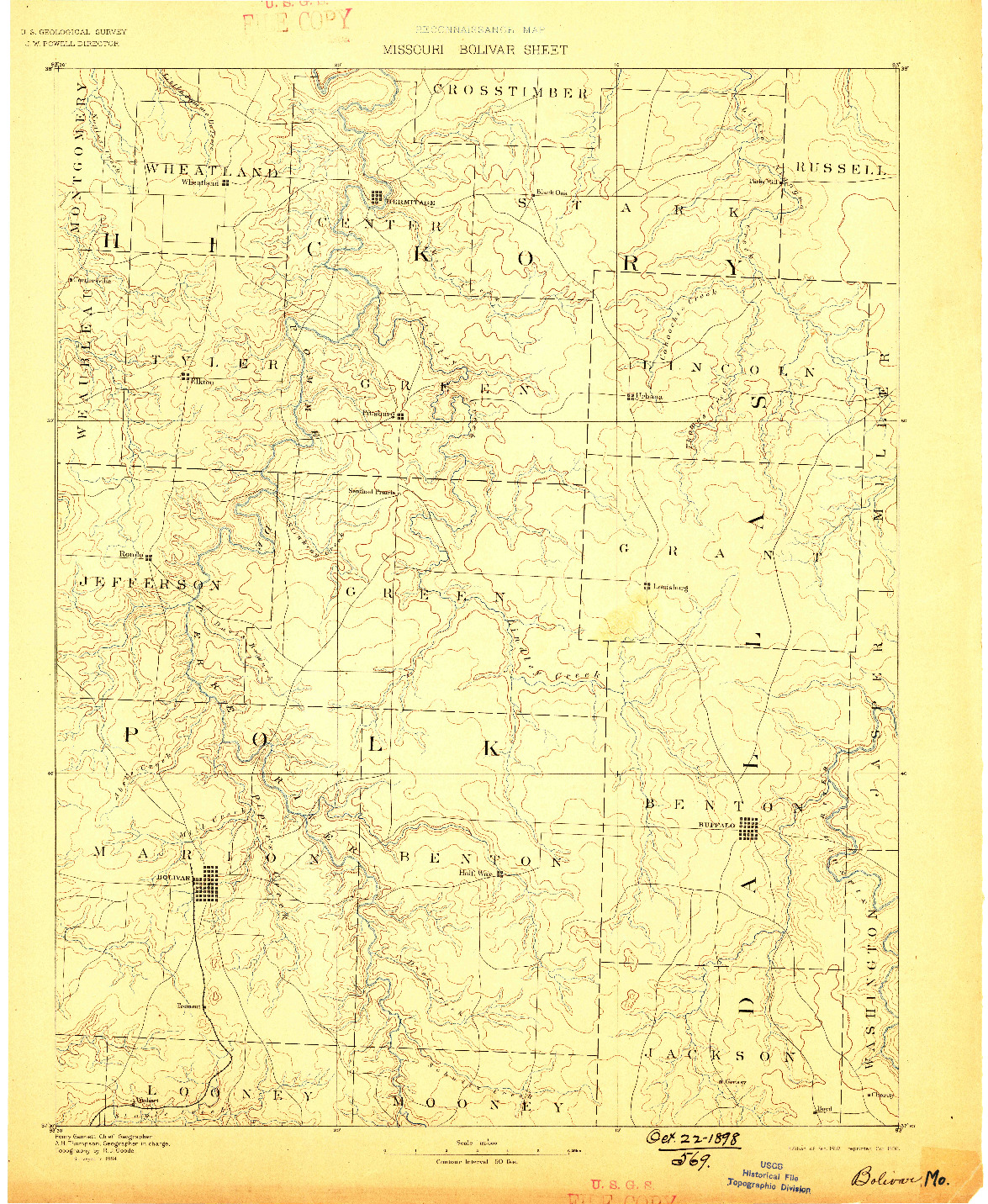 USGS 1:125000-SCALE QUADRANGLE FOR BOLIVAR, MO 1892